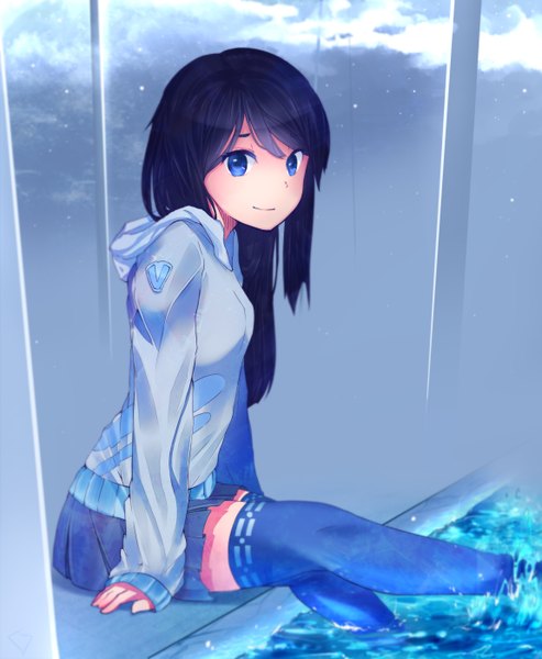 Anime picture 2300x2800 with original gus yoga single long hair tall image looking at viewer highres blue eyes blue hair girl thighhighs skirt sweater