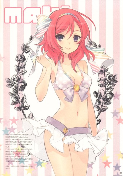 Anime picture 2119x3027 with love live! school idol project sunrise (studio) love live! nishikino maki itou noiji single tall image looking at viewer blush highres short hair smile purple eyes red hair scan character names girl navel hair ornament swimsuit