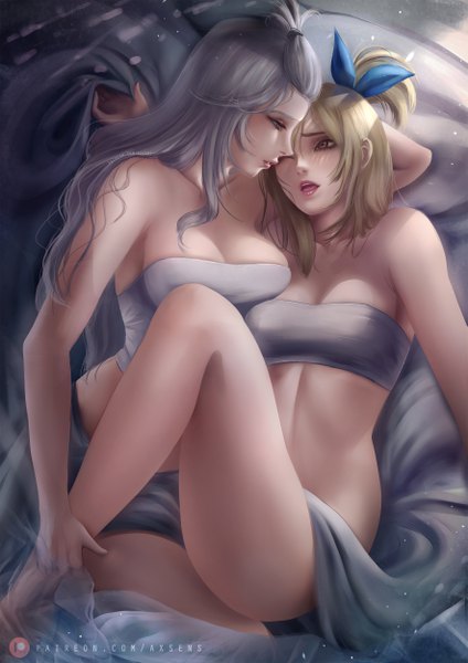 Anime picture 3532x5000 with fairy tail lucy heartfilia mirajane strauss axsen long hair tall image blush highres breasts open mouth light erotic blonde hair large breasts purple eyes bare shoulders multiple girls brown eyes signed payot looking away
