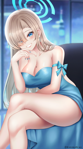 Anime picture 1681x3000 with blue archive asuna (blue archive) rayleigh scale single long hair tall image looking at viewer blush fringe breasts blue eyes light erotic blonde hair smile large breasts sitting bare shoulders signed cleavage nail polish