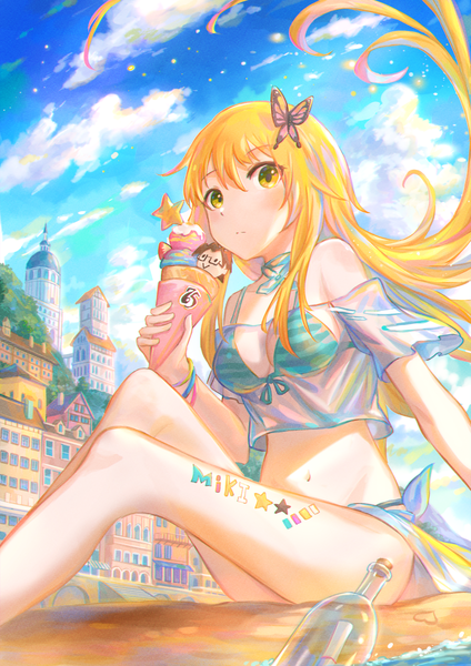 Anime picture 879x1243 with idolmaster hoshii miki producer (idolmaster anime) kutsunohito single long hair tall image looking at viewer blush fringe breasts light erotic blonde hair hair between eyes sitting holding green eyes sky cleavage cloud (clouds)