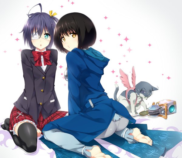 Anime picture 1036x900 with chuunibyou demo koi ga shitai! kyoto animation takanashi rikka kanata (pixiv1305983) short hair blue eyes black hair multiple girls yellow eyes looking back one side up girl thighhighs skirt uniform black thighhighs 2 girls school uniform miniskirt wings