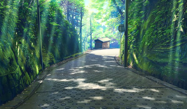 Anime picture 1360x800 with shoujo shin'iki wide image game cg shadow no people plant (plants) tree (trees) road traffic sign