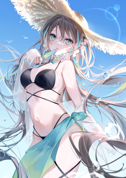 Anime picture 1013x1433 with original miwano rag single tall image looking at viewer blush fringe breasts light erotic hair between eyes brown hair standing holding sky outdoors long sleeves very long hair multicolored hair arm up aqua eyes