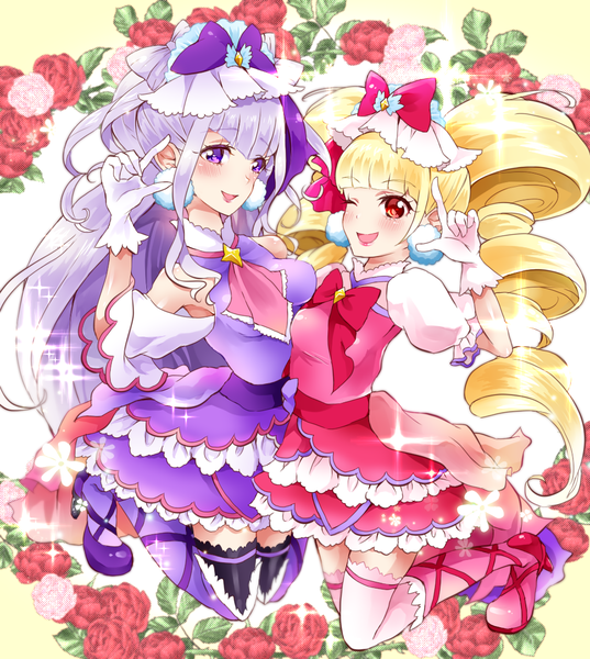 Anime picture 1024x1145 with precure hugtto! precure toei animation ruru amour aisaki emiru cure amour cure macherie mikorin tall image looking at viewer blush blonde hair smile red eyes twintails purple eyes multiple girls purple hair full body very long hair