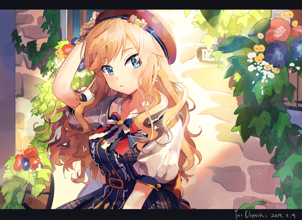 Anime picture 5599x4093 with idolmaster idolmaster cinderella girls idolmaster cinderella girls starlight stage ootsuki yui zuho (vega) single long hair looking at viewer blush fringe highres blue eyes blonde hair standing absurdres outdoors arm up sunlight short sleeves puffy sleeves