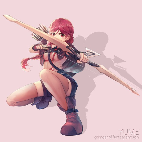 Anime picture 2046x2046 with hai to gensou no grimgar a-1 pictures yume (grimgar) curry bowl single long hair looking at viewer highres red eyes red hair braid (braids) shadow girl thighhighs weapon boots bow (weapon)