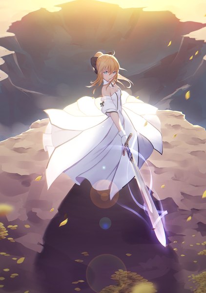 Anime picture 1294x1839 with fate (series) fate/stay night fate/unlimited codes type-moon artoria pendragon (all) saber lily maredoro single long hair tall image looking at viewer fringe blue eyes blonde hair holding ahoge ponytail from above wind sunlight
