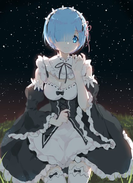 Anime picture 1000x1373 with re:zero kara hajimeru isekai seikatsu white fox rem (re:zero) yuzhi single tall image looking at viewer blush fringe short hair breasts blue eyes sitting blue hair cleavage blunt bangs night wide sleeves maid zettai ryouiki