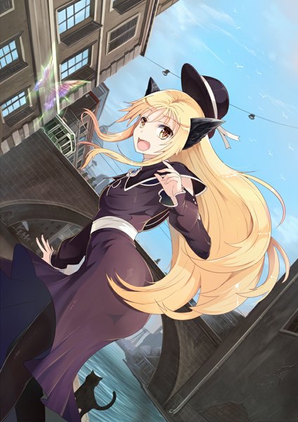 Anime picture 706x1000 with original sts long hair tall image looking at viewer fringe open mouth blonde hair standing animal ears yellow eyes sky cloud (clouds) looking back cat ears cat girl flying river hat removed cat eyes