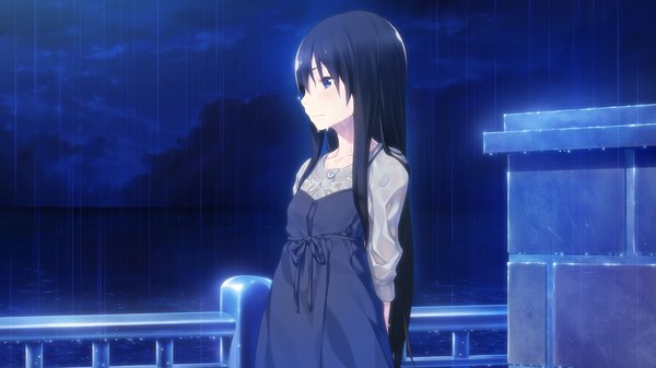 Anime picture 2560x1440 with hana wa oritashi kozue wa takashi long hair highres blue eyes black hair wide image game cg cloud (clouds) night rain girl dress