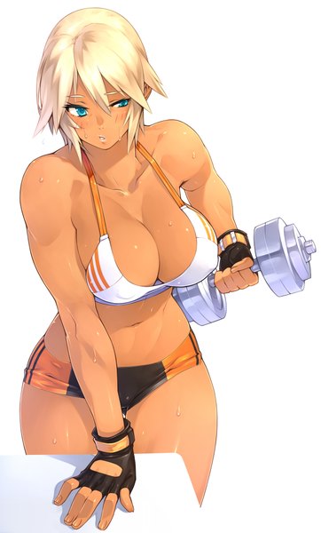 Anime picture 1235x2046 with original real xxiii's dark skinned girl 23 (real xxiii) single tall image blush short hair breasts blue eyes light erotic simple background blonde hair large breasts white background girl navel uniform fingerless gloves gym uniform dumbbell