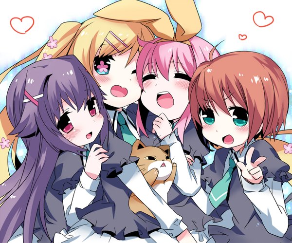 Anime picture 1450x1207 with tantei opera milky holmes sherlock shellingford hercule barton yuzurizaki nero cordelia glauca kamaboko (milky holmes) mizuki (koko lost) long hair blush short hair open mouth blue eyes blonde hair red eyes brown hair twintails multiple girls green eyes pink hair purple hair