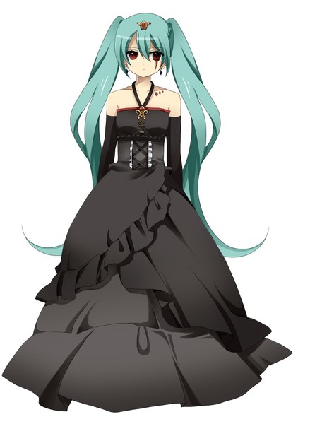 Anime picture 1500x2052 with vocaloid hatsune miku sakura yuki (clochette) single tall image simple background red eyes white background twintails bare shoulders very long hair aqua hair girl dress gloves elbow gloves