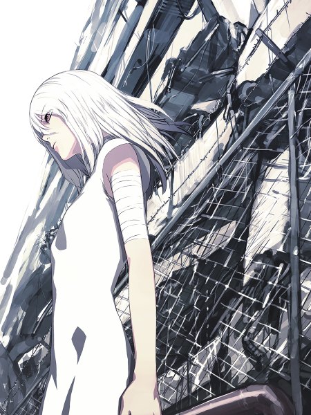 Anime picture 900x1200 with iwai ryo long hair tall image red eyes looking away white hair against fence girl dress white dress building (buildings) fence house chain-link fence