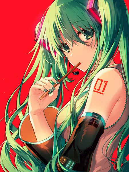 Anime picture 700x933 with vocaloid hatsune miku kh (kh 1128) single long hair tall image looking at viewer blush fringe simple background hair between eyes twintails green eyes upper body nail polish green hair eating red background pocky day girl