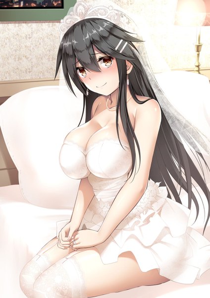 Anime picture 992x1404 with kantai collection haruna battleship kuromayu single long hair tall image looking at viewer blush fringe breasts light erotic black hair smile hair between eyes large breasts sitting bare shoulders brown eyes payot cleavage