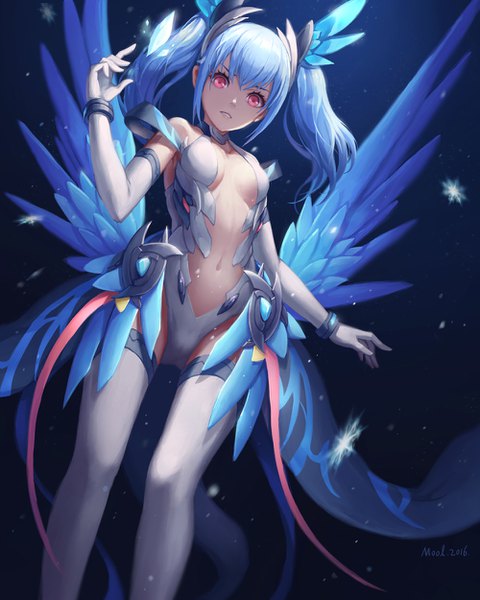 Anime picture 1000x1250 with league of legends anivia (league of legends) mool yueguang single long hair tall image looking at viewer fringe breasts light erotic red eyes twintails bare shoulders blue hair parted lips blurry open clothes bare belly from below sleeveless