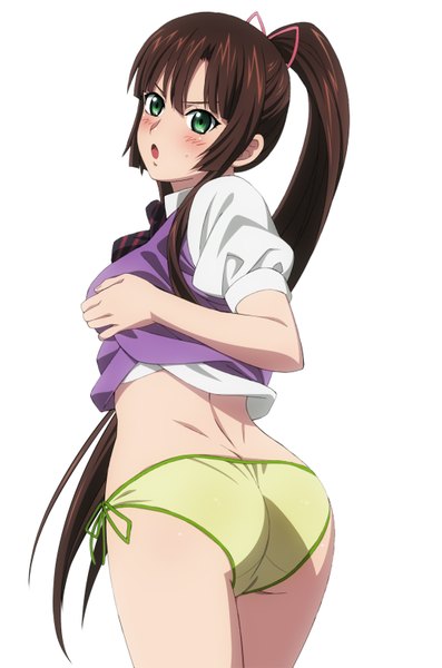 Anime picture 1035x1562 with strike the blood kirasaka sayaka kekke single long hair tall image blush fringe breasts open mouth light erotic simple background brown hair green eyes ass ponytail looking back eyebrows striped shirt lift