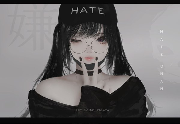 Anime-Bild 1728x1190 mit original hate-chan (aoi ogata) aoi ogata single long hair looking at viewer fringe highres black hair simple background twintails bare shoulders signed payot upper body nail polish one eye closed lips wink black eyes