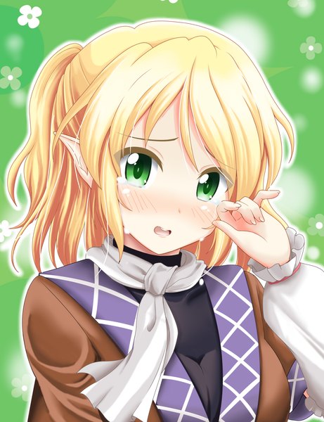 Anime picture 1000x1300 with touhou mizuhashi parsee reimei (r758120518) single tall image looking at viewer blush short hair blonde hair green eyes ponytail parted lips pointy ears tears half updo green background girl detached sleeves scarf