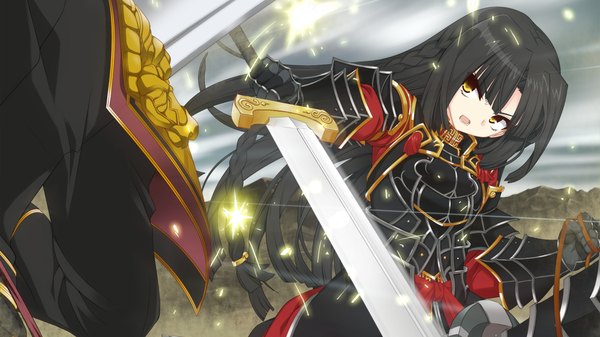 Anime picture 1280x720 with sangoku hime unicorn-a long hair open mouth black hair wide image yellow eyes game cg girl weapon sword armor
