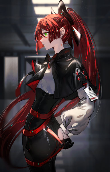 Anime-Bild 2415x3769 mit original nanaponi single tall image fringe highres hair between eyes standing green eyes payot looking away ponytail red hair indoors long sleeves very long hair parted lips profile depth of field puffy sleeves
