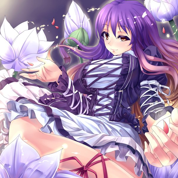 Anime picture 1300x1300 with touhou hijiri byakuren kinntarou single long hair brown eyes purple hair multicolored hair girl dress flower (flowers) petals