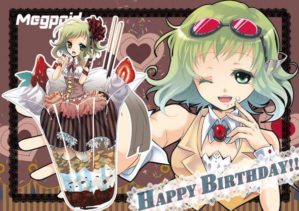 Anime picture 2046x1447 with vocaloid gumi tagme (artist) highres short hair open mouth green eyes one eye closed green hair wink happy birthday girl glasses food heart sweets ice cream berry (berries) strawberry