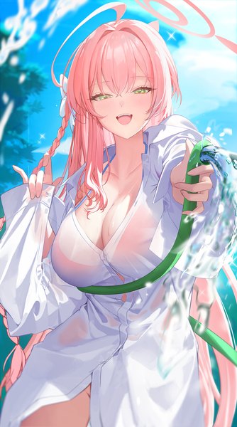 Anime picture 1991x3581 with blue archive hanako (blue archive) hanako (swimsuit) (blue archive) yo owl single long hair tall image looking at viewer fringe highres breasts open mouth light erotic hair between eyes large breasts green eyes pink hair ahoge outdoors braid (braids)