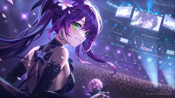 Anime picture 5760x3240 with virtual youtuber hololive tokoyami towa ikkia single long hair looking at viewer blush fringe highres breasts smile hair between eyes wide image twintails holding green eyes absurdres purple hair upper body