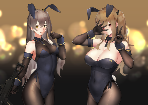 Anime picture 4175x2976 with girls frontline ump45 (girls frontline) ump9 (girls frontline) hayabusa long hair looking at viewer blush fringe highres breasts open mouth light erotic simple background smile hair between eyes red eyes brown hair large breasts standing twintails