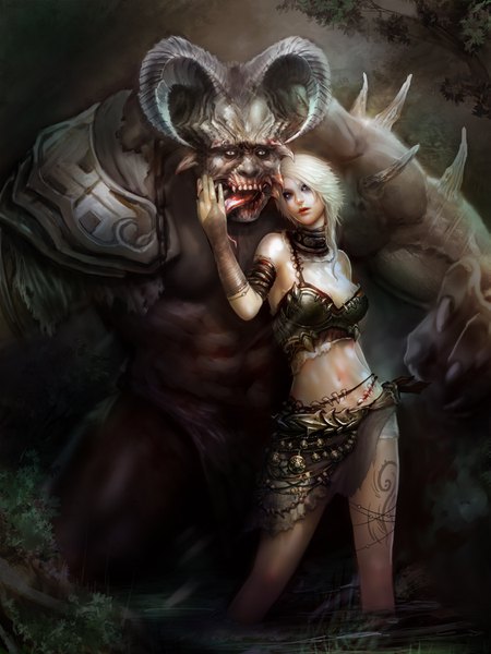 Anime-Bild 1125x1500 mit tagme (copyright) huang dahong long hair tall image looking at viewer breasts open mouth blue eyes light erotic blonde hair standing outdoors white hair head tilt horn (horns) midriff tattoo revision long tongue girl