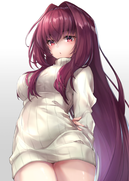Anime picture 1066x1491 with fate (series) fate/grand order scathach (fate) (all) scathach (fate) hane yuki single long hair tall image looking at viewer blush fringe breasts light erotic simple background hair between eyes red eyes standing payot purple hair from below