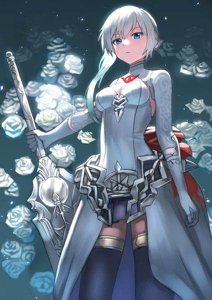 Anime picture 1191x1684 with sinoalice snow white (sinoalice) wasabi60 single long hair tall image fringe breasts blue eyes standing holding white hair ponytail from below eyebrows girl thighhighs gloves flower (flowers) weapon