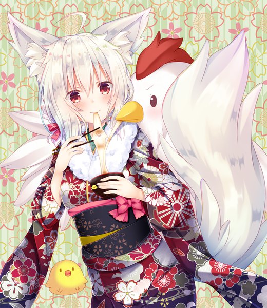 Anime picture 1000x1154 with original yanase aki single long hair tall image blush fringe hair between eyes red eyes holding looking away ahoge white hair long sleeves traditional clothes japanese clothes wide sleeves floral print eating new year