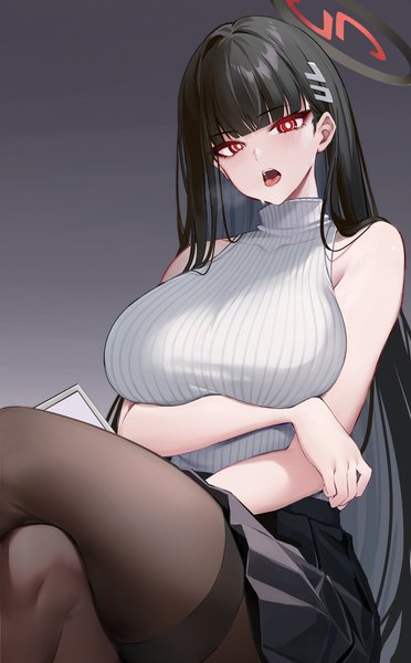 Anime-Bild 2894x4666 mit blue archive rio (blue archive) kikimi single long hair tall image looking at viewer fringe highres breasts open mouth light erotic black hair simple background red eyes large breasts sitting bare shoulders blunt bangs head tilt