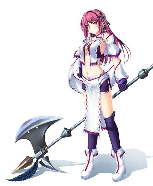 Anime picture 1437x1737 with tenmaso single long hair tall image simple background smile white background red hair orange eyes girl weapon axe