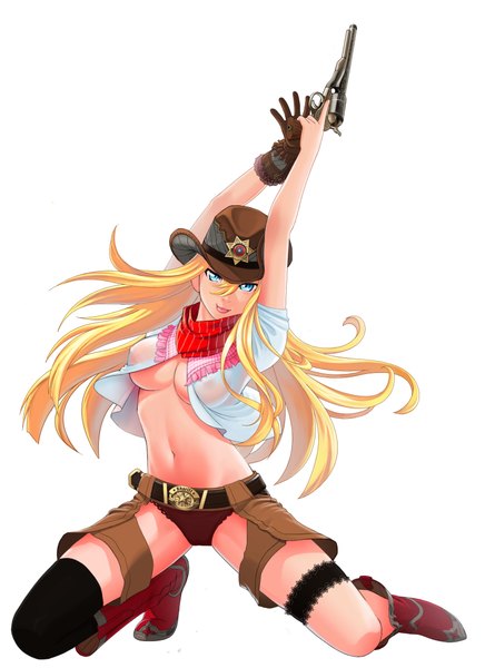 Anime picture 1600x2200 with original lucknight long hair tall image breasts blue eyes light erotic simple background blonde hair white background open clothes open shirt :p girl navel underwear panties weapon hat gun