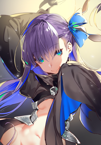 Anime picture 879x1265 with fate (series) fate/grand order fate/extra fate/extra ccc meltryllis (fate) yuran (cozyquilt) single long hair tall image looking at viewer fringe light erotic simple background smile hair between eyes purple hair upper body head tilt aqua eyes gradient background