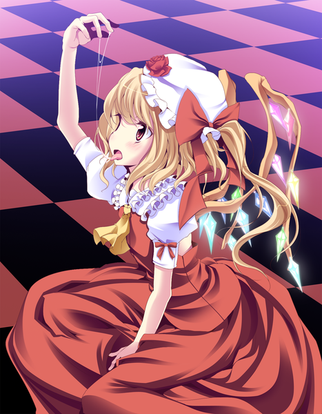 Anime picture 1295x1662 with touhou flandre scarlet oouso (usotsukiya) ina (inadahime) single tall image short hair blonde hair red eyes one side up saliva checkered floor girl dress wings bonnet crystal