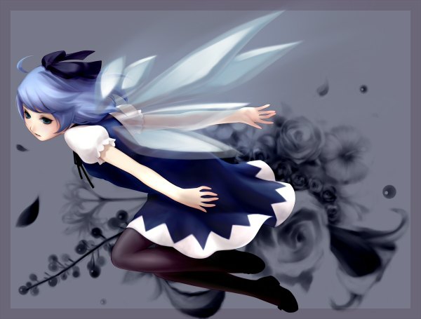 Anime picture 1200x910 with touhou cirno yori (shitsuon) short hair blue eyes blue hair ahoge grey background border flying girl flower (flowers) bow hair bow petals wings