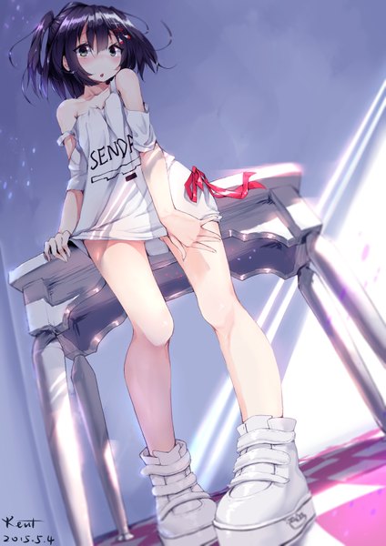 Anime picture 2480x3507 with kantai collection sendai light cruiser kentllaall single tall image looking at viewer blush highres short hair open mouth black hair standing brown eyes indoors off shoulder from below two side up alternate costume strap slip checkered floor