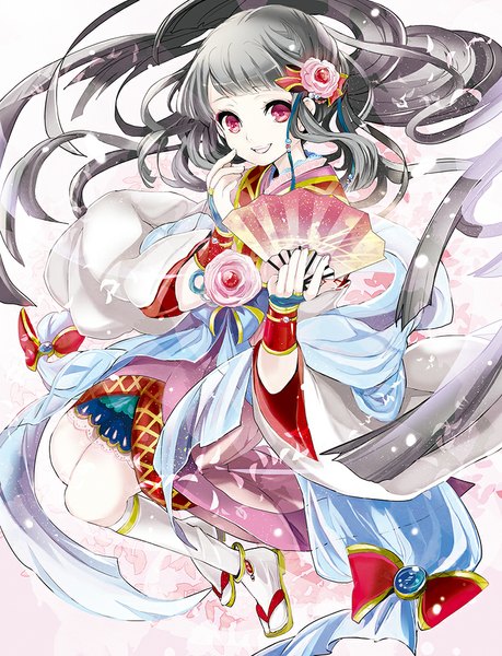 Anime picture 800x1046 with original koto2 single long hair tall image looking at viewer smile traditional clothes japanese clothes pink eyes hair flower grey hair pale skin girl hair ornament flower (flowers) petals fan