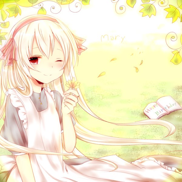 Anime picture 2200x2190 with kagerou project shaft (studio) mary (kagerou project) misa (kaeruhitode) single long hair looking at viewer blush highres blonde hair smile red eyes one eye closed wink happy birthday girl dress hair ornament ribbon (ribbons) hair ribbon