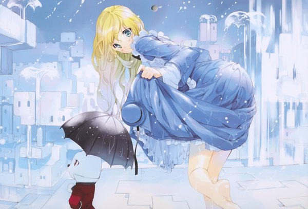 Anime picture 6976x4748 with alice in wonderland alice (wonderland) white rabbit ueda ryou long hair looking at viewer blush highres blue eyes blonde hair absurdres barefoot wet city rain wet clothes girl dress hat animal