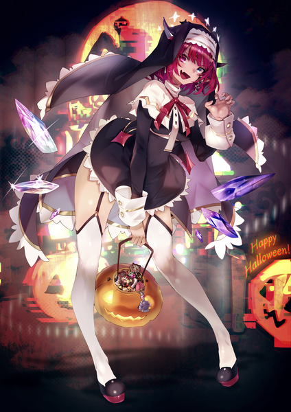 Anime picture 2894x4093 with virtual youtuber hololive hololive english irys (hololive) pparus single tall image looking at viewer highres short hair open mouth light erotic standing holding full body red hair :d heterochromia halloween claw pose