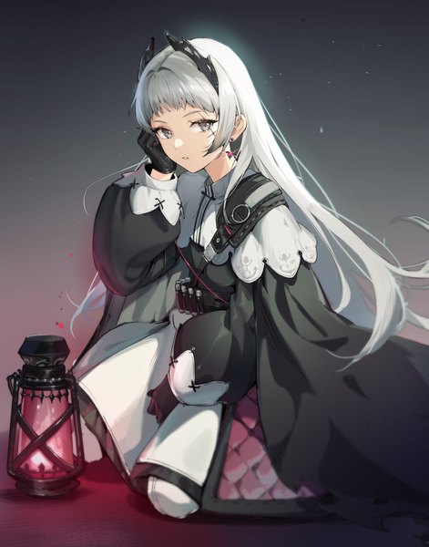 Anime picture 2697x3439 with arknights irene (arknights) alche (benruce) single long hair tall image fringe highres simple background sitting looking away silver hair grey eyes gradient background hand on face girl dress gloves earrings black gloves