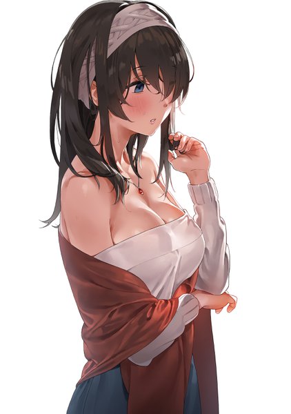 Anime picture 2079x2953 with idolmaster idolmaster cinderella girls idolmaster cinderella girls starlight stage sagisawa fumika ame (uten cancel) single long hair tall image blush fringe highres breasts blue eyes light erotic black hair simple background large breasts standing white background bare shoulders