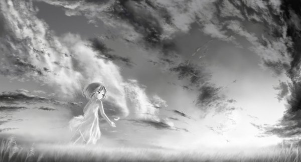 Anime picture 1800x971 with original ame (pixiv) single highres short hair smile wide image standing bare shoulders looking away sky cloud (clouds) wind monochrome girl dress plant (plants) white dress feather (feathers) grass